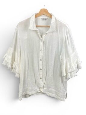 John Mark L Ivory Crinkle Ruffled Bell Sleeve Button Front Blouse Boho Coastal
